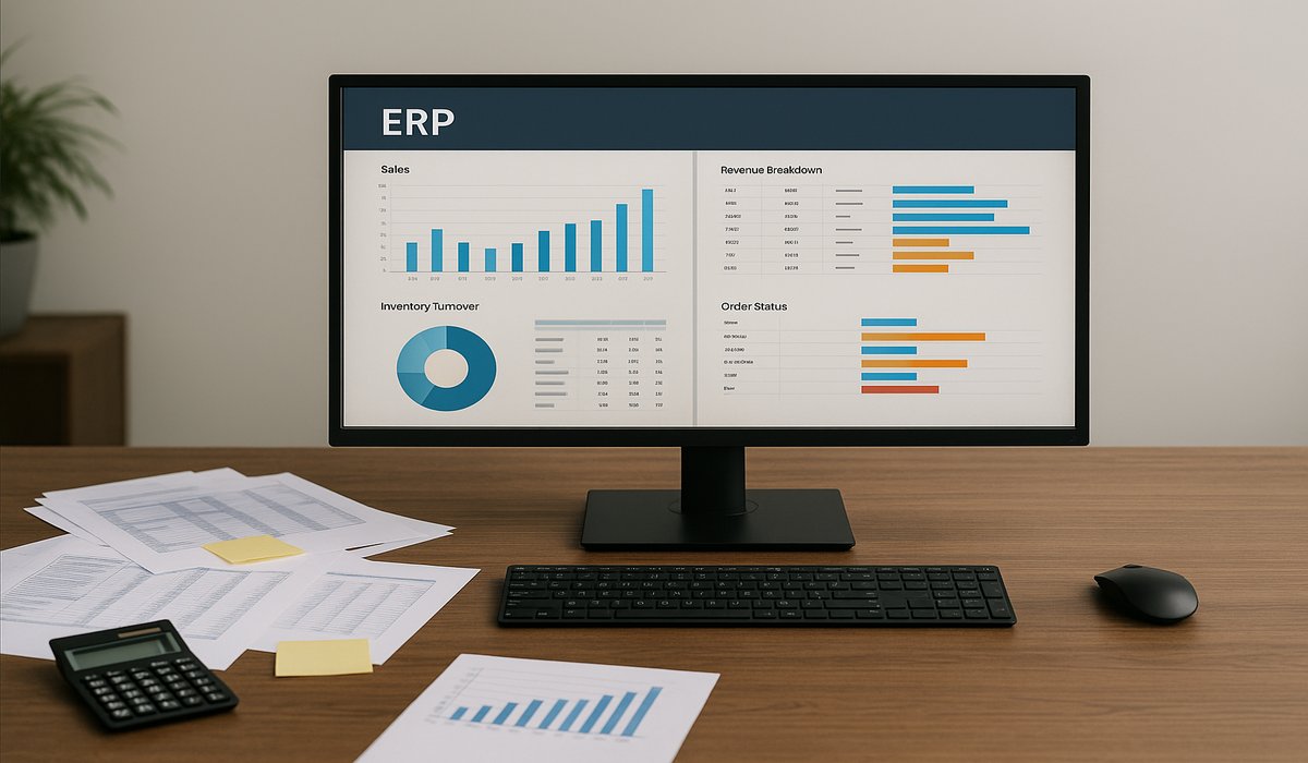 ERP dashboard on a desktop monitor with printed Excel sheets on the desk