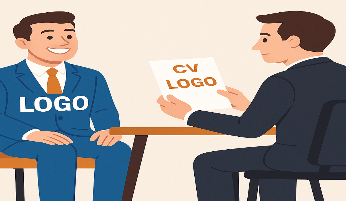 Job interview scene where a candidate's suit shows a big LOGO and the CV reads LOGO