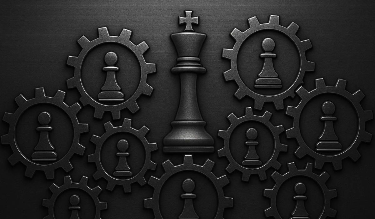 Chess king and pawns inside gears to symbolize strategy and teamwork