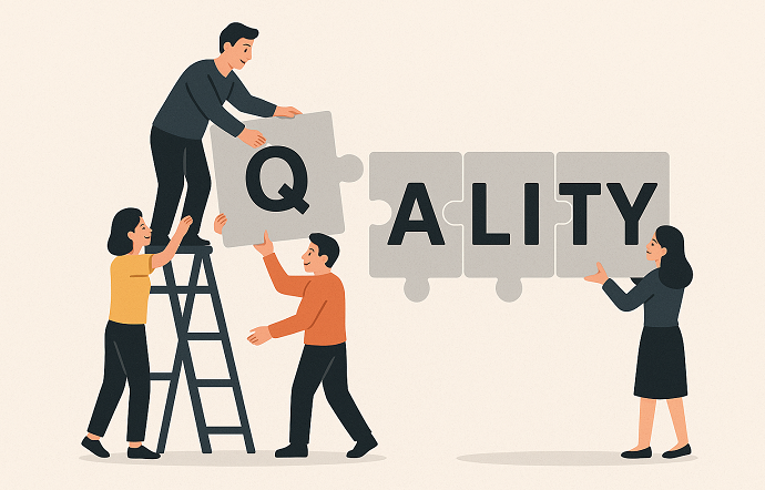 Team assembling large puzzle pieces that together say QUALITY