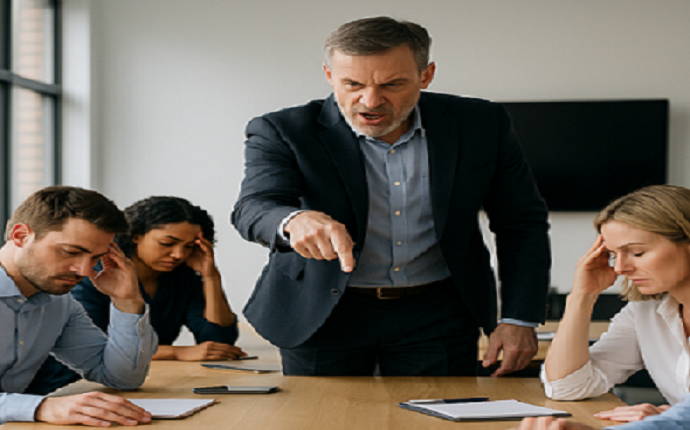 Bossy manager pointing and scolding a stressed team in a meeting