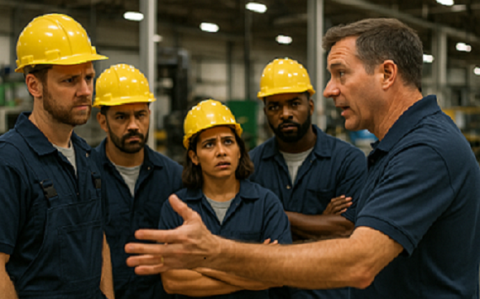 Industrial team in a meeting looking confused while a leader rushes through instructions