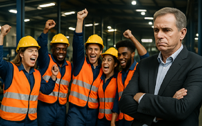 Manufacturing team celebrating a win while the boss looks indifferent