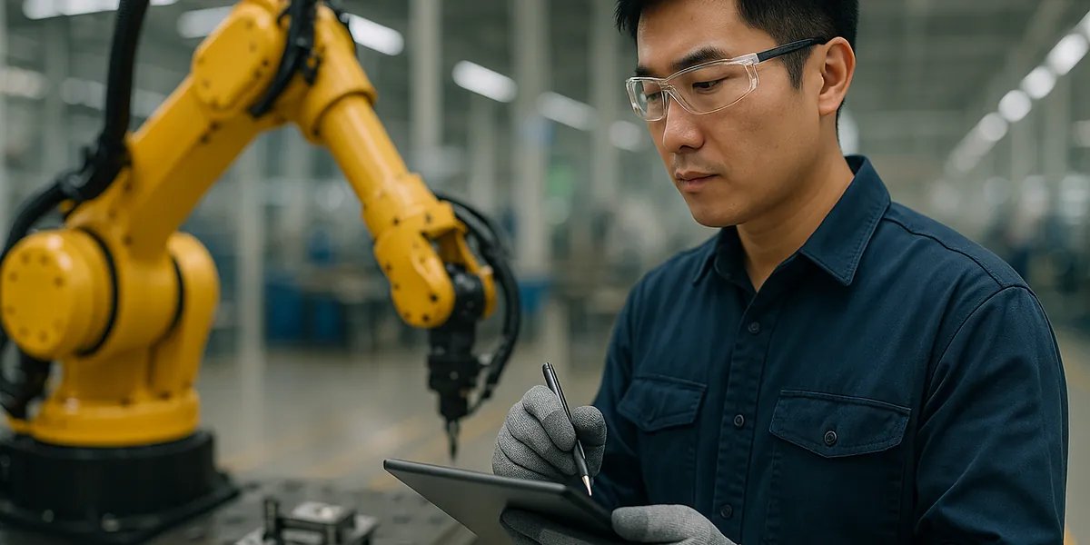 quality engineer taking notes on a tablet while a robotic arm works on the production line