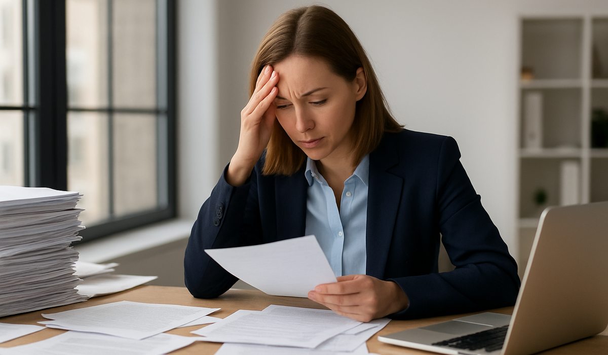 Overwhelmed manager with paperwork and laptop, symbolizing approval delays